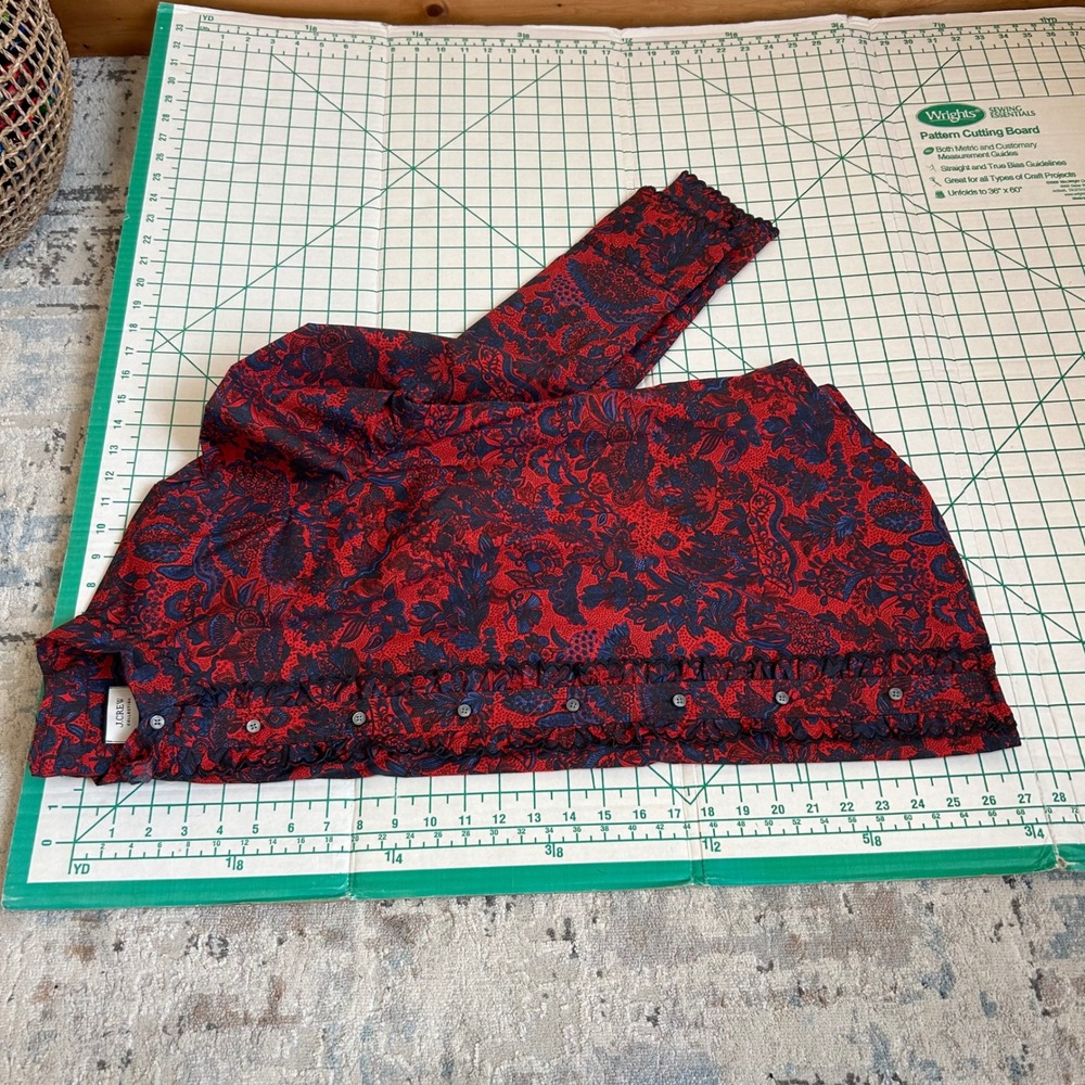 J.Crew Collection Size 16 Shirt Slim Ruffle Scallop Paisley Cotton Red Navy Boho - Picture 6 of 10